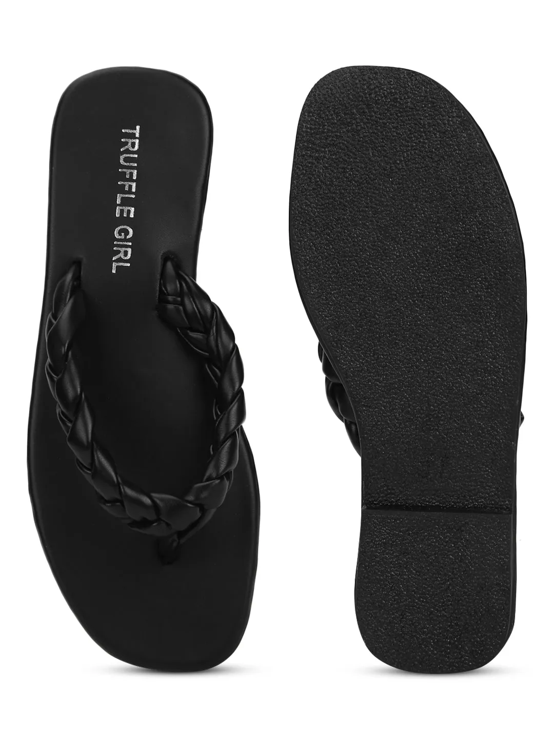 Schwarze PU geflochtene Flip-Flops