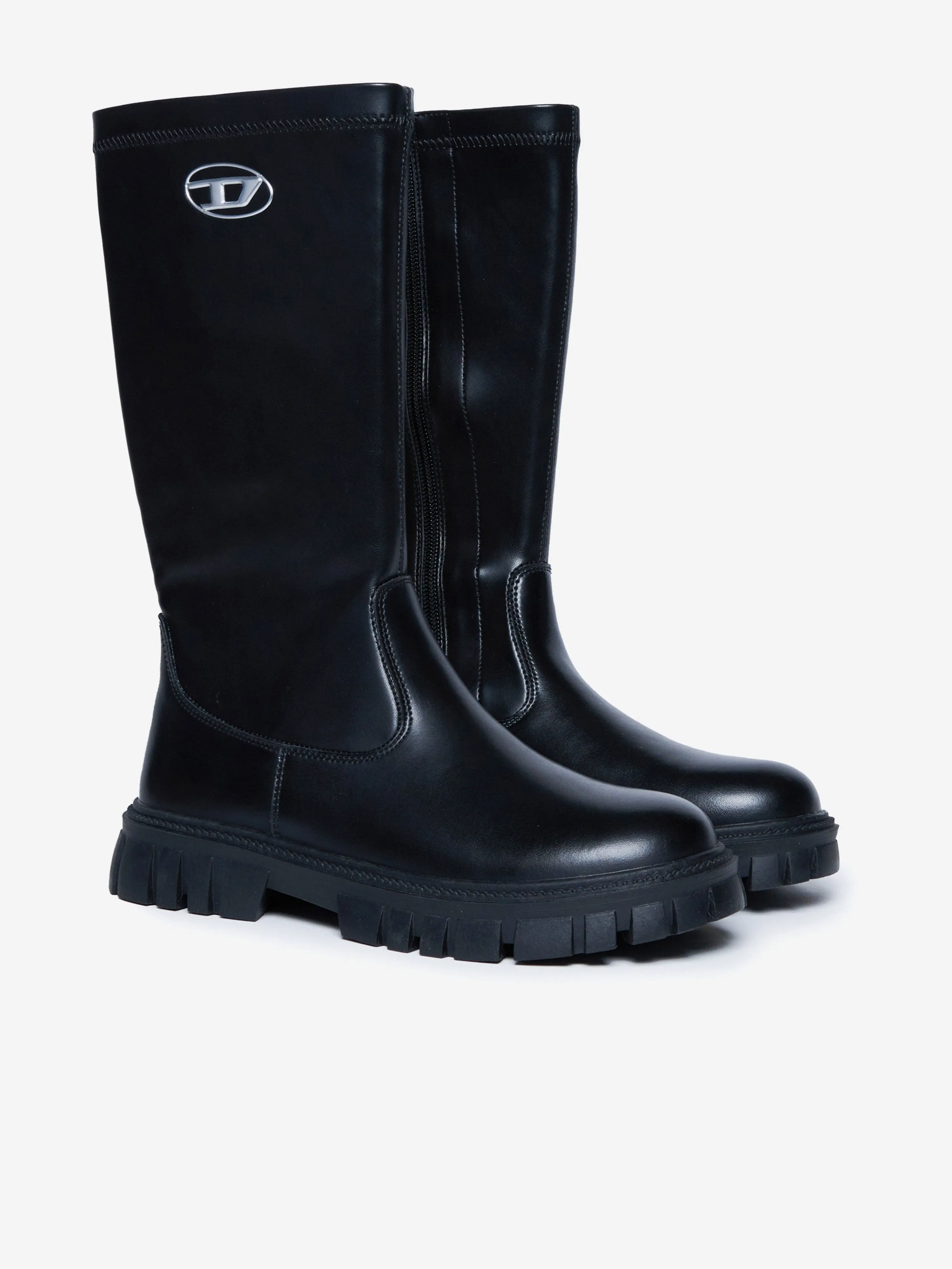 Diesel Girls Leder Logo Stiefel in Schwarz
