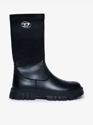 Diesel Girls Leder Logo Stiefel in Schwarz