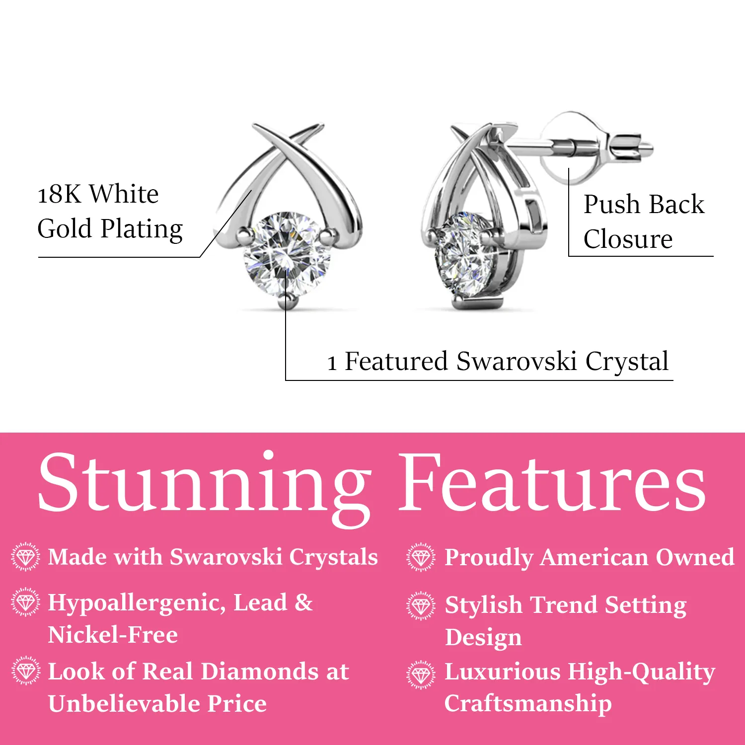 Eloise 18k Weißgold plattierte Steckerohrringe mit Solitär runder Swarovski-Kristall