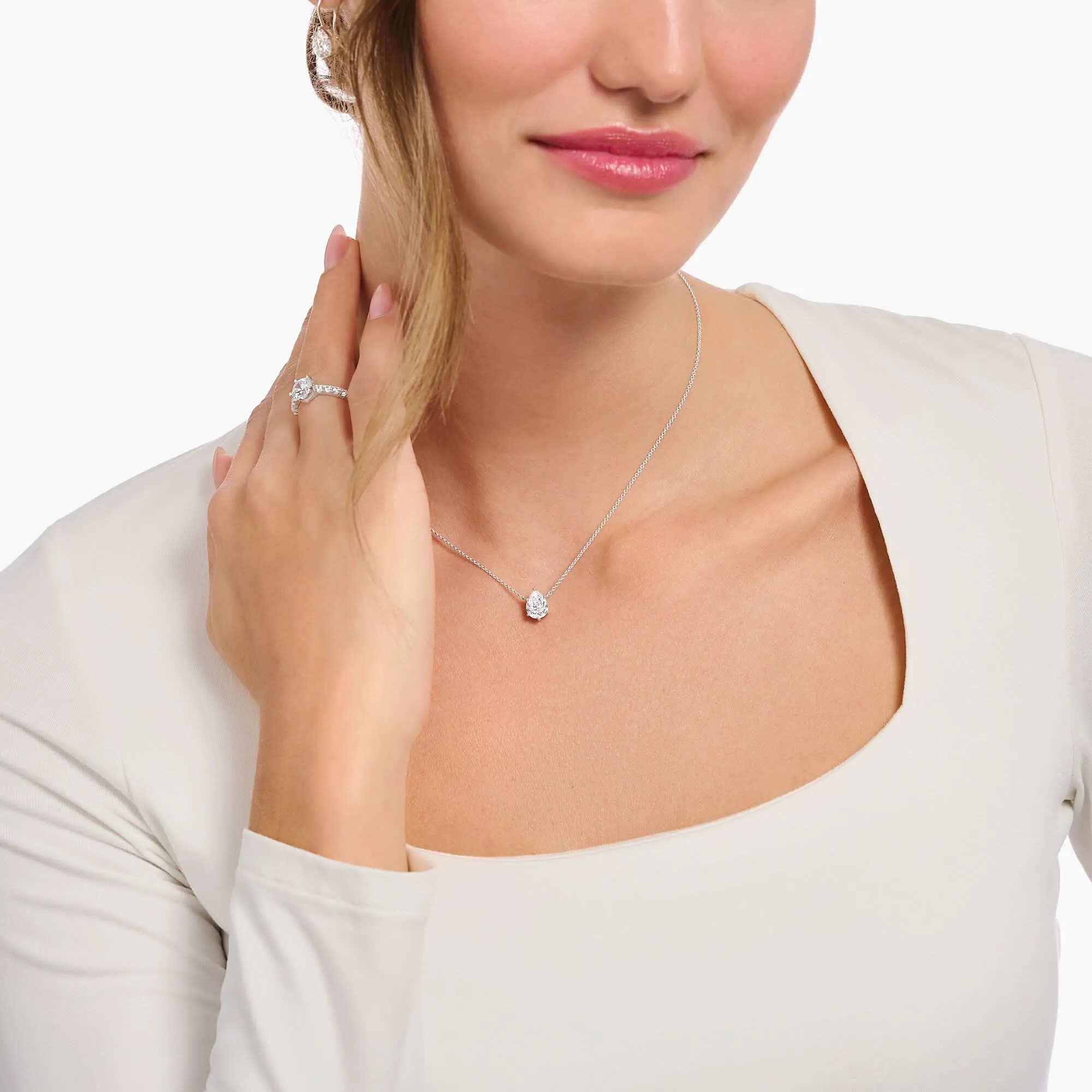 Essentials Sterling Silber Tropfenförmiger Weißer Zirkonia Anhänger KE2213-051-14-L45V Thomas Sabo Halsketten