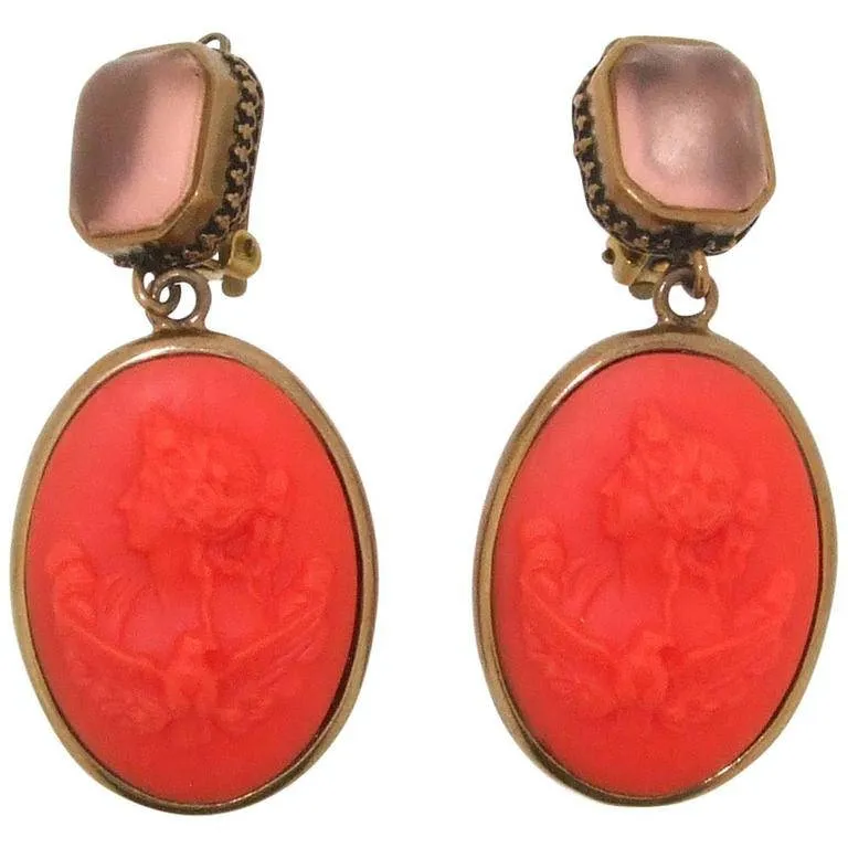 Extasia Cameo Ohrringe Koralle Deutsches Glas Bronze Pink Swarovski Kristall Clip-On