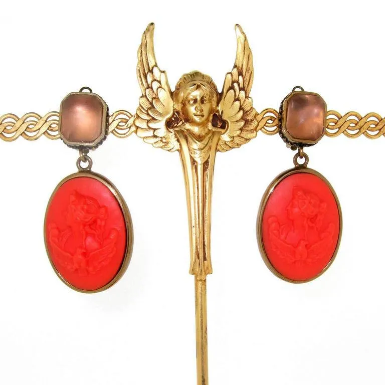 Extasia Cameo Ohrringe Koralle Deutsches Glas Bronze Pink Swarovski Kristall Clip-On