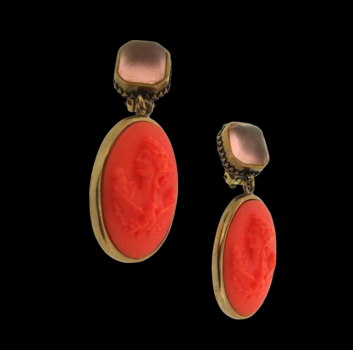 Extasia Cameo Ohrringe Koralle Deutsches Glas Bronze Pink Swarovski Kristall Clip-On