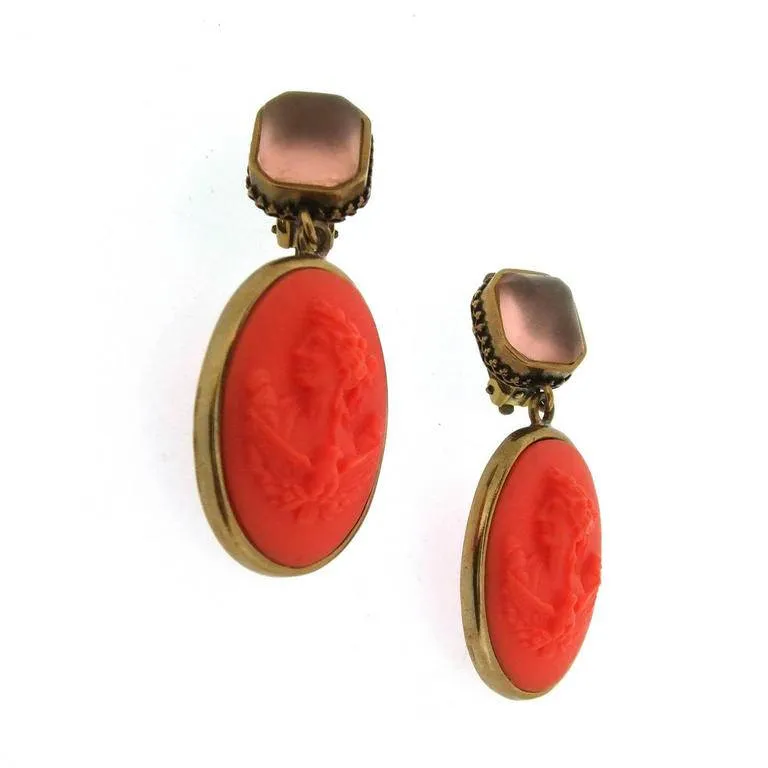 Extasia Cameo Ohrringe Koralle Deutsches Glas Bronze Pink Swarovski Kristall Clip-On