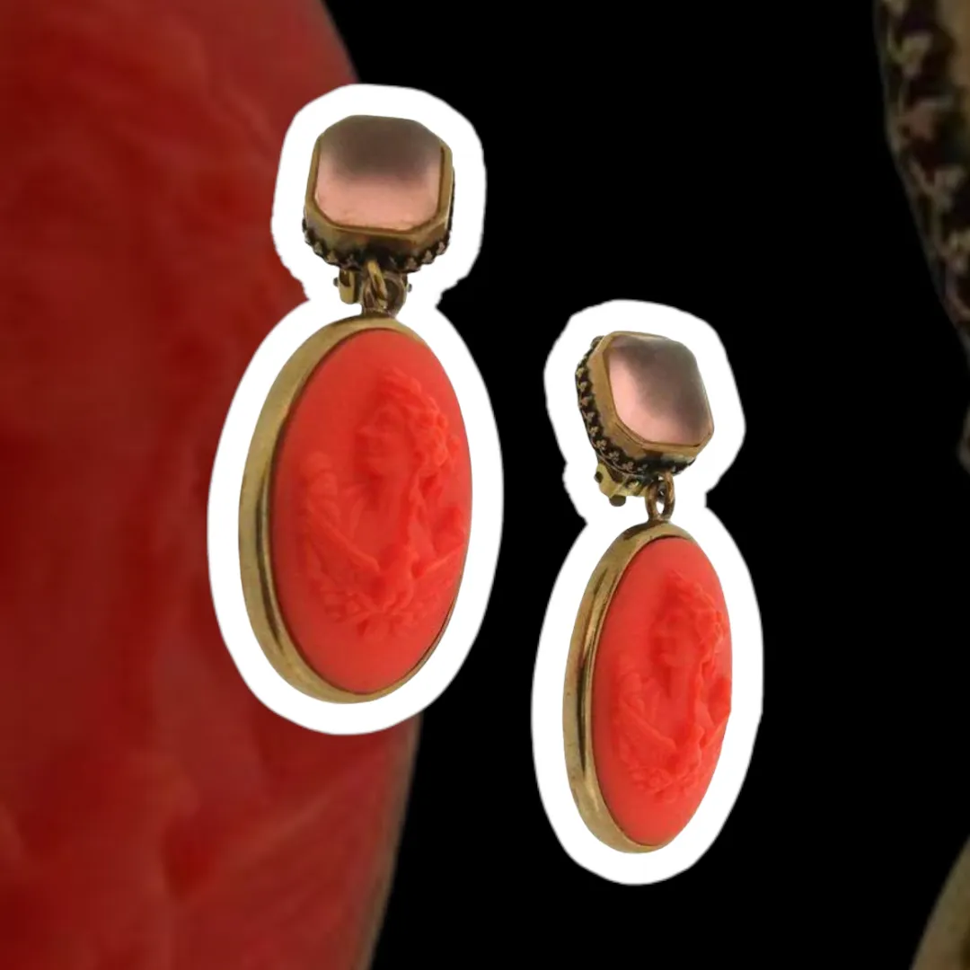 Extasia Cameo Ohrringe Koralle Deutsches Glas Bronze Pink Swarovski Kristall Clip-On