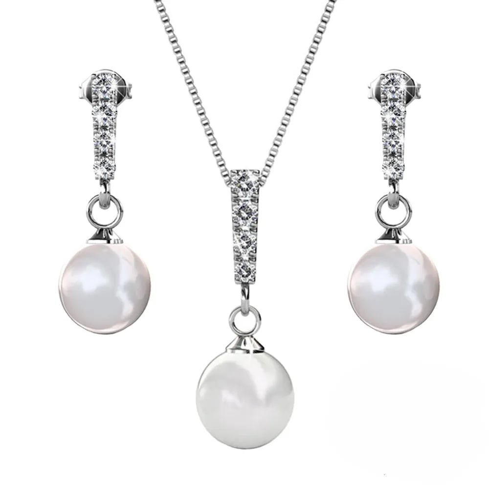 Gabrielle 18k Weißgold plattierte Perlen Ohrringe und Halskette Schmuckset mit Swarovski Kristallen