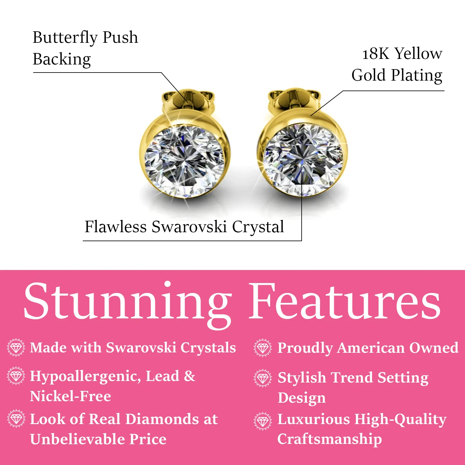 Luxus Swarovski Schmuck Blaire 18k Weißgold beschichtete Steckerohrringe mit runden Swarovski Kristallen