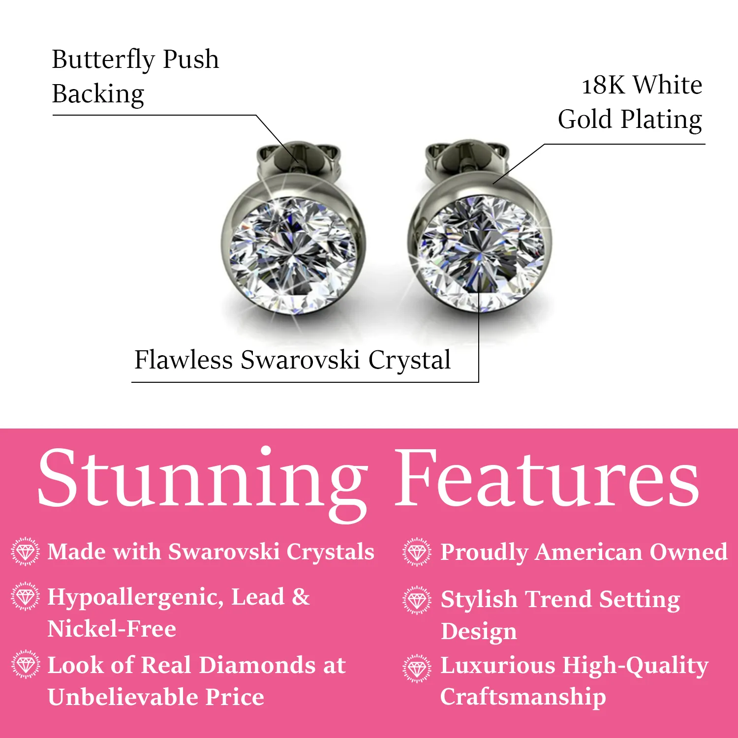 Luxus Swarovski Schmuck Blaire 18k Weißgold beschichtete Steckerohrringe mit runden Swarovski Kristallen