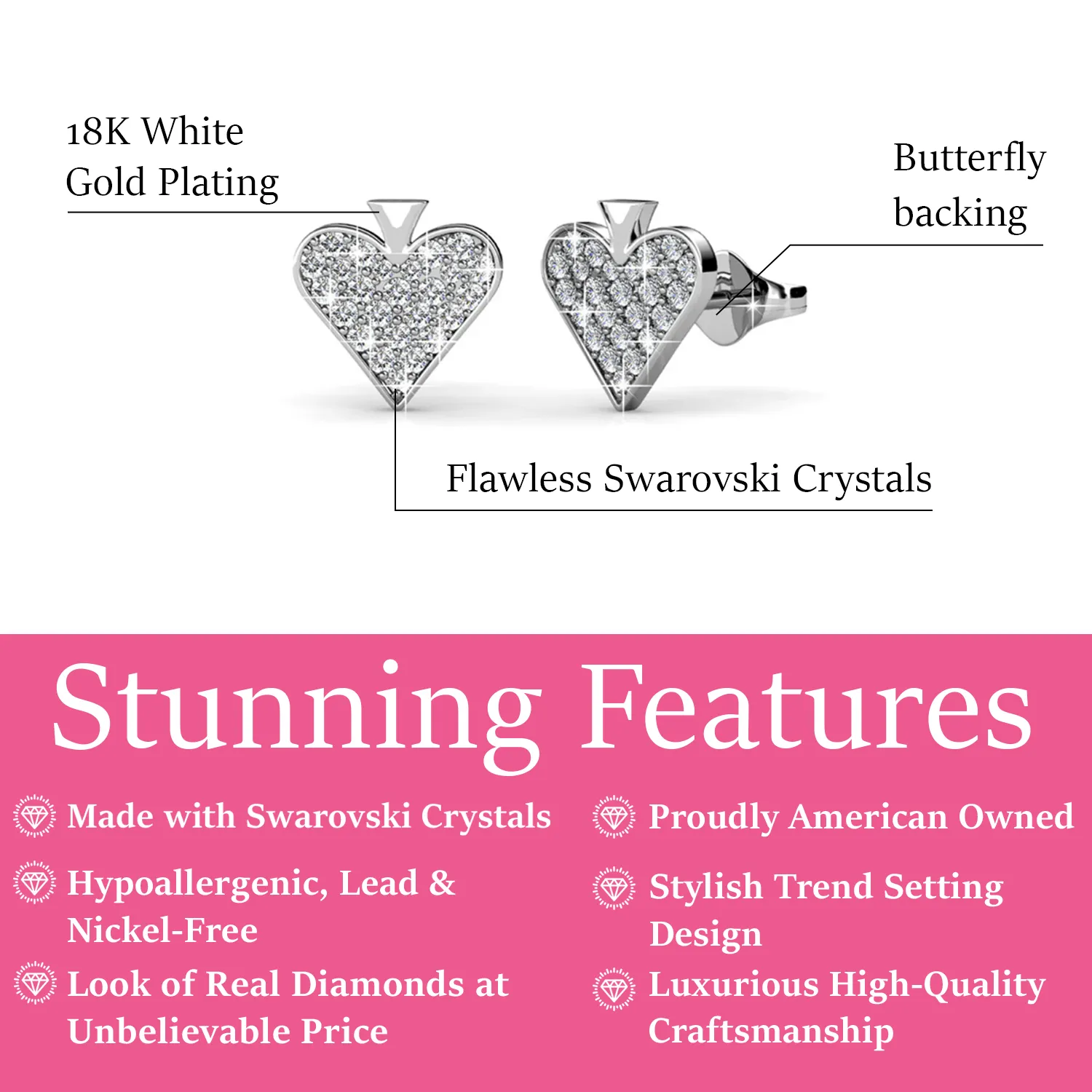 Luxe Swarovski Schmuck Dylan 18k Weißgold vergoldete Herz Ohrringe mit Swarovski Kristallen - Schlussverkauf