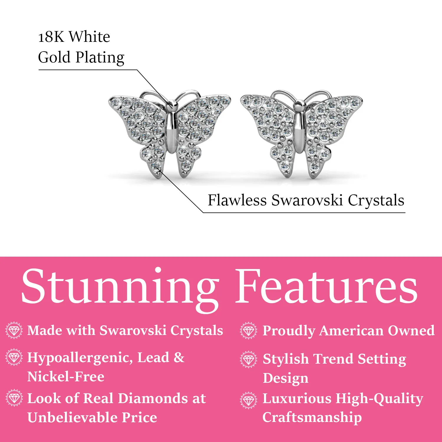 Luxe Swarovski Schmuck Everlee 18k Weißgold beschichtete Kristall-Schmetterling Stecker mit Swarovski Kristallen