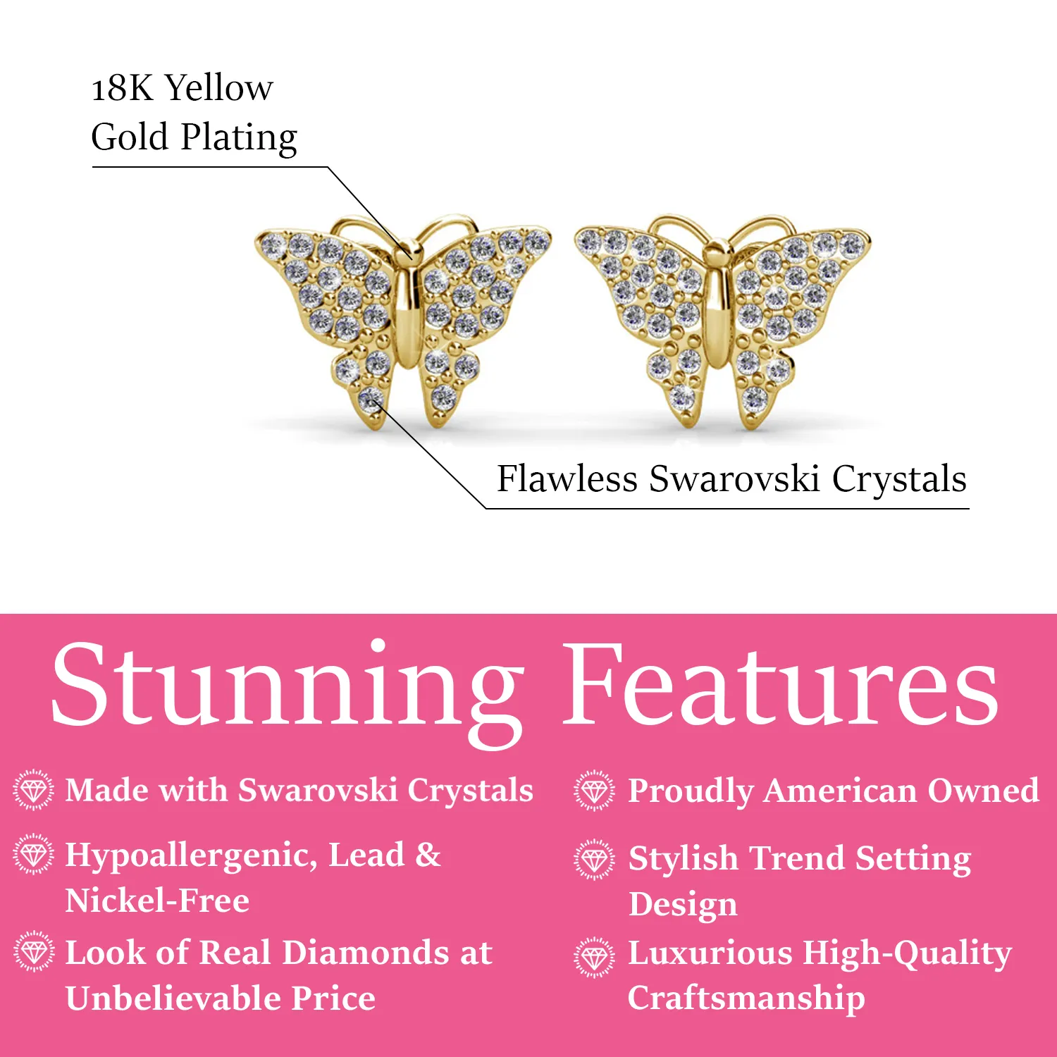 Luxe Swarovski Schmuck Everlee 18k Weißgold beschichtete Kristall-Schmetterling Stecker mit Swarovski Kristallen