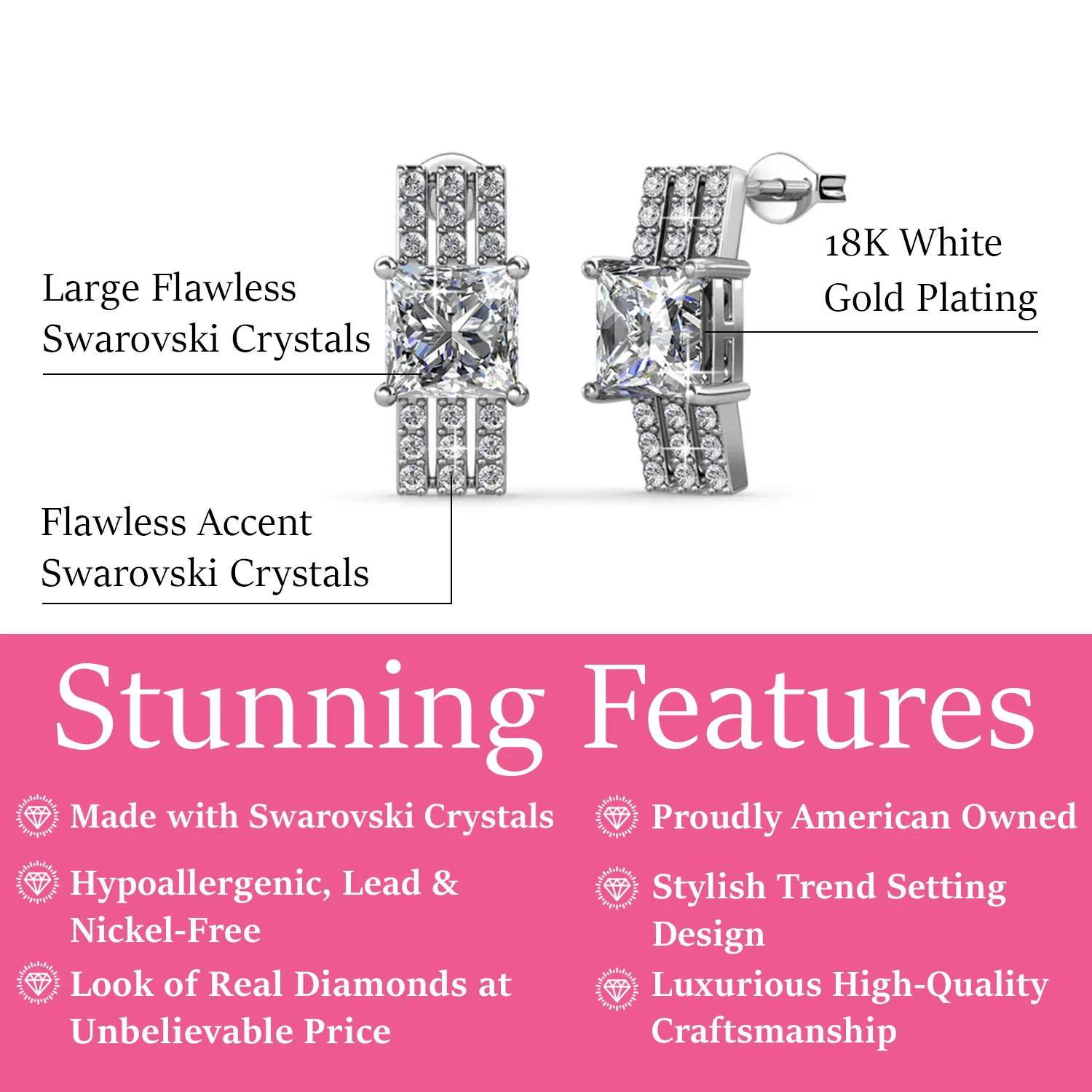 Luxus Swarovski Schmuck Fiona Stecker Ohrringe aus 18 Karat Weißgold mit Swarovski Kristallen im Princess-Schliff
