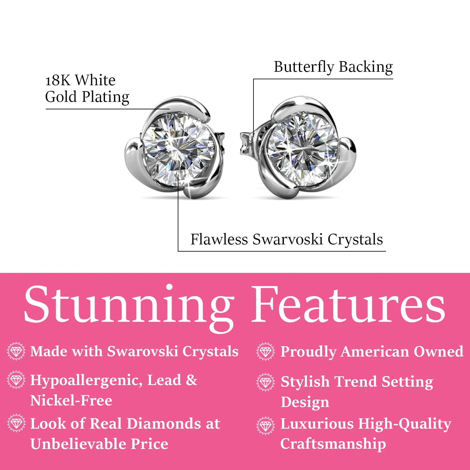 Luxe Swarovski Schmuck Harmonie Stecker mit runden Swarovski Kristallen aus 18 Karat Weißgold beschichtet