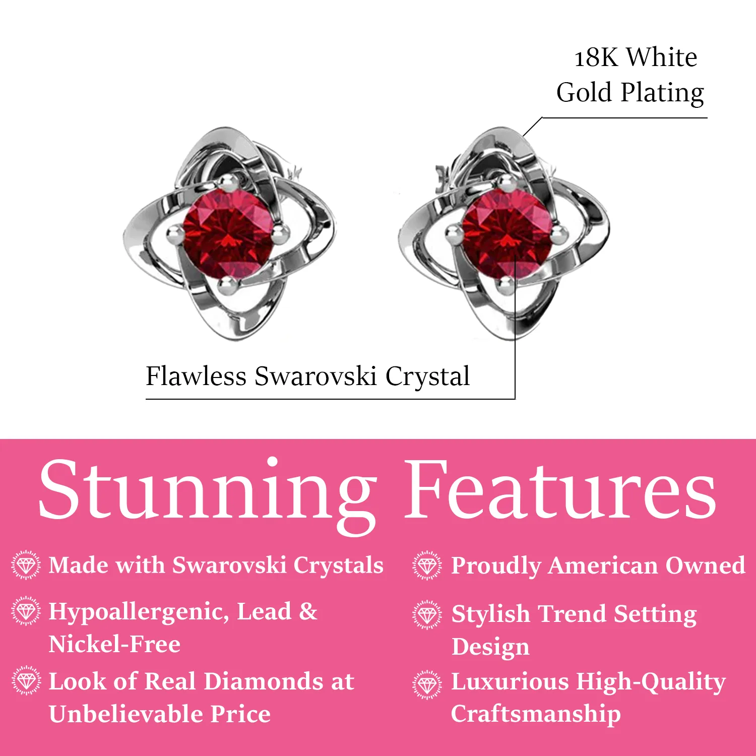 Luxus Swarovski Schmuck Unendlichkeits-Januar-Geburtsstein Granat Ohrringe 18k Weißgold beschichtetes Silber Geburtsstein Ohrringe mit Swarovski Kristall