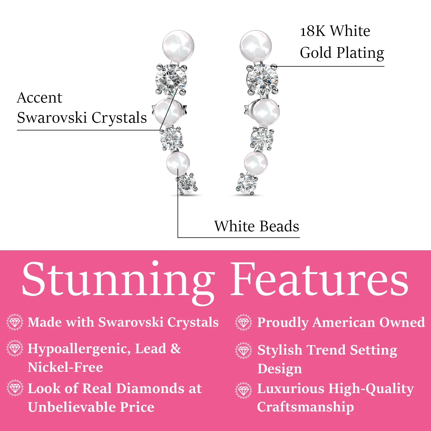 Luxe Swarovski-Schmuck Juniper 18-karätige Weißgold-Wickelohrringe mit weißen Perlen und Swarovski-Kristallen — Endverkauf