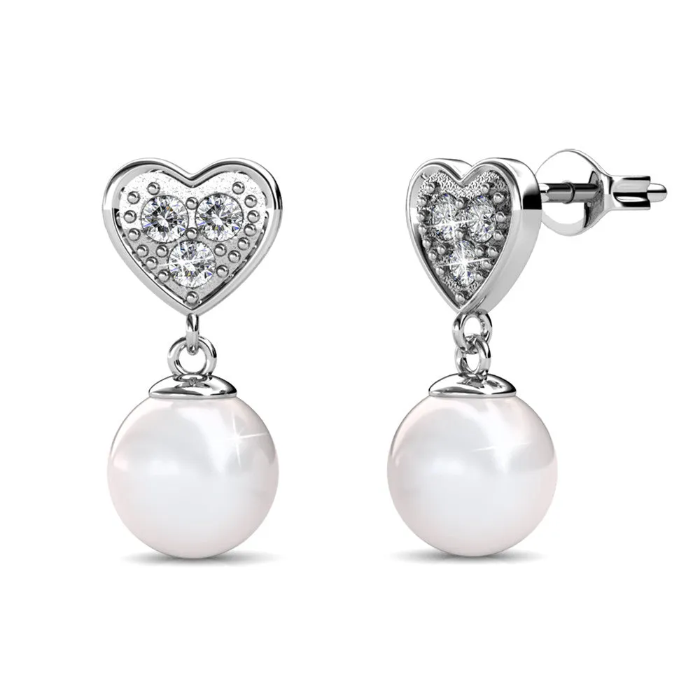 Luxus Swarovski Schmuck Kenley 18 Karat Weißgold beschichtete Herz-Anhänger Ohrringe mit Perlen und Swarovski Kristallen