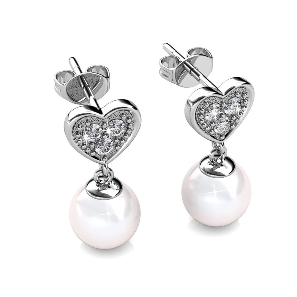 Luxus Swarovski Schmuck Kenley 18 Karat Weißgold beschichtete Herz-Anhänger Ohrringe mit Perlen und Swarovski Kristallen