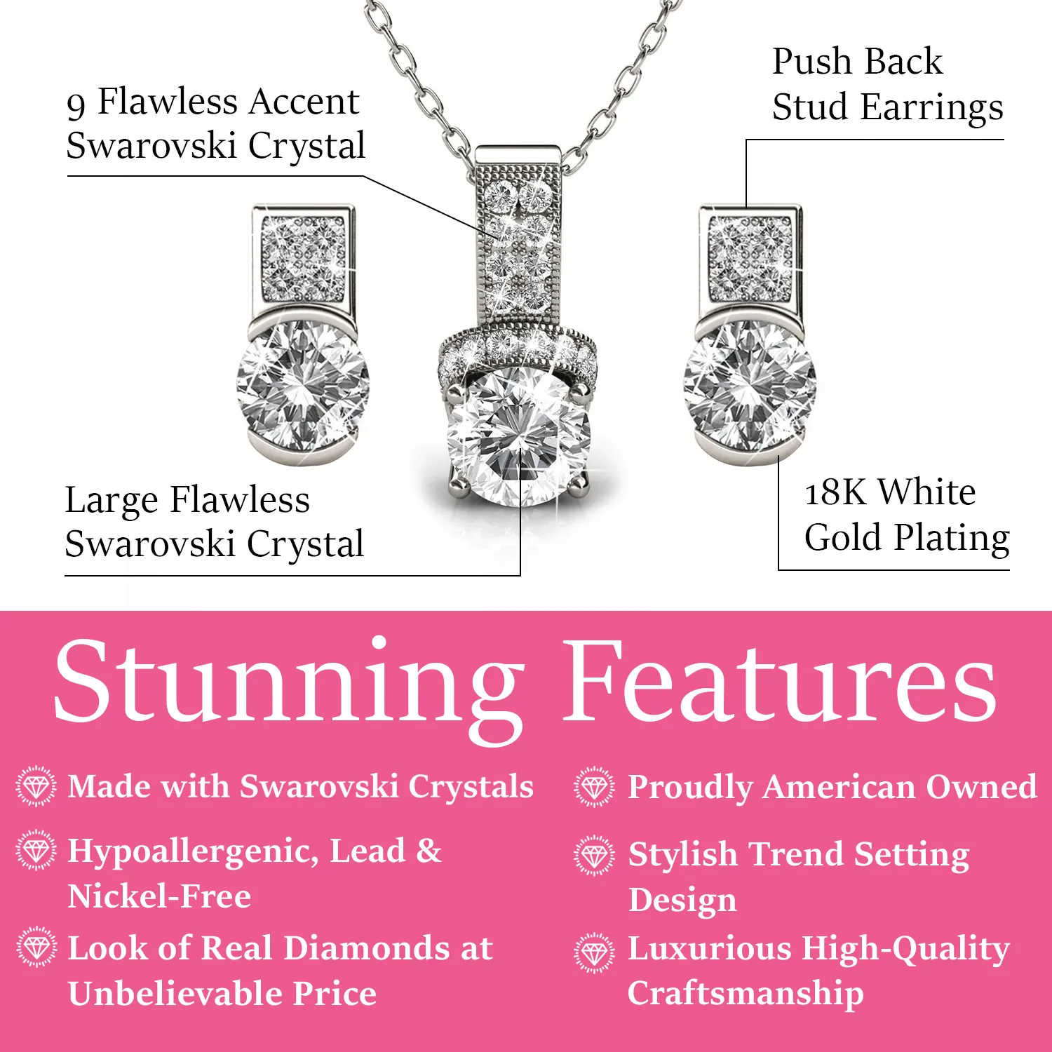 Luxe Swarovski Schmuck Laya 18k Weißgold Anhänger Halskette und Ohrringe Schmuckset mit Swarovski Kristallen — Schlussverkauf