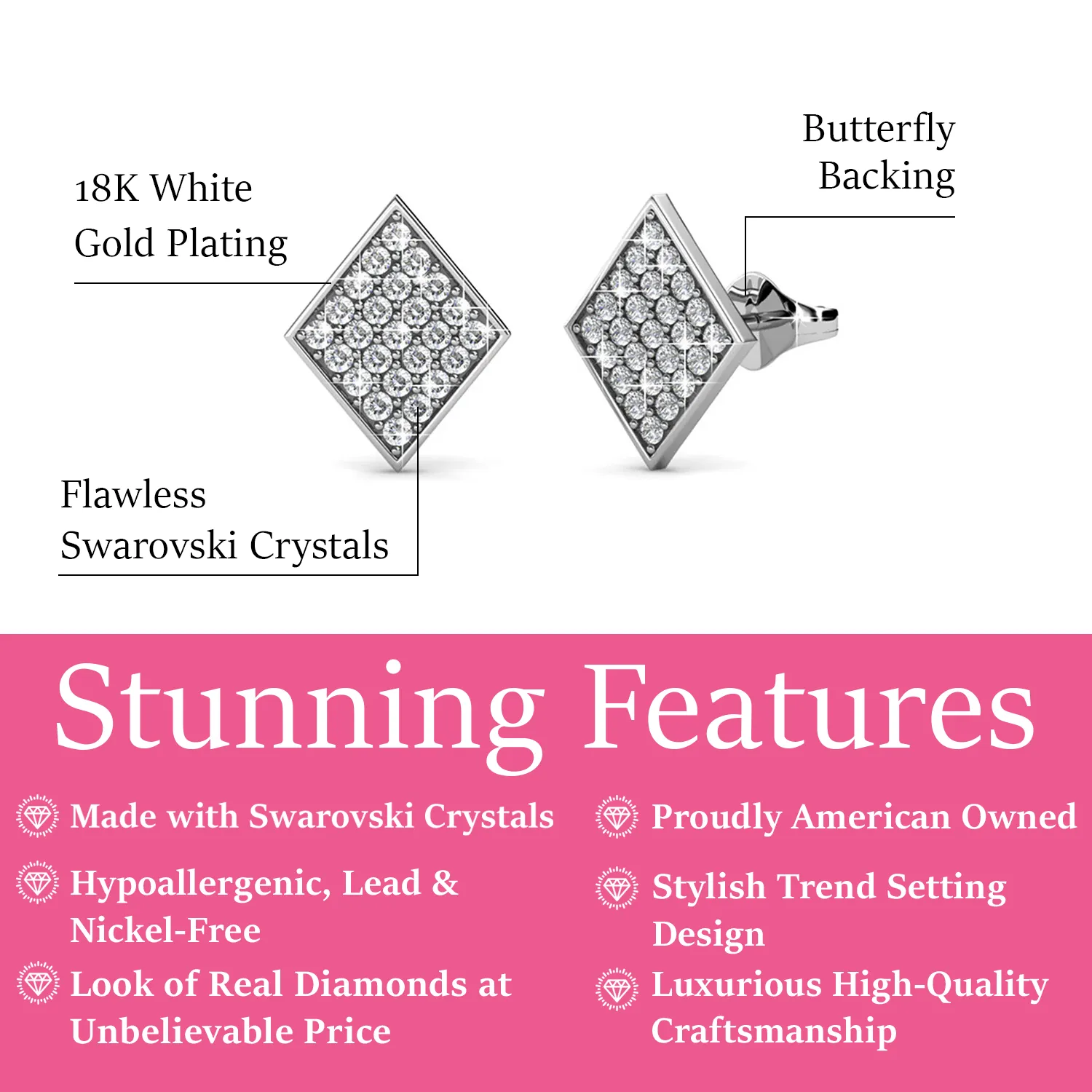 Luxe Swarovski Schmuck Lennon 18k Weißgold beschichtete diamantförmige Steckerohrringe mit Swarovski Kristallen