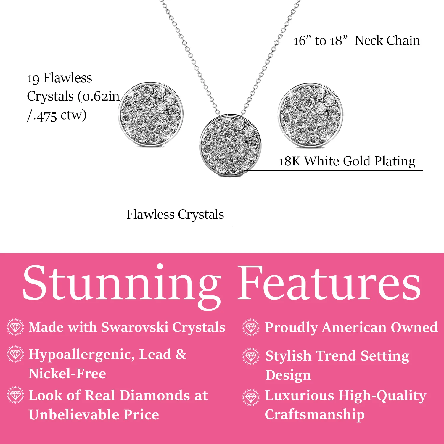Luxus Swarovski Schmuck Nelly 18 Karat Weißgold Pave Stecker Halskette und Ohrringe Schmuckset mit Swarovski Kristallen