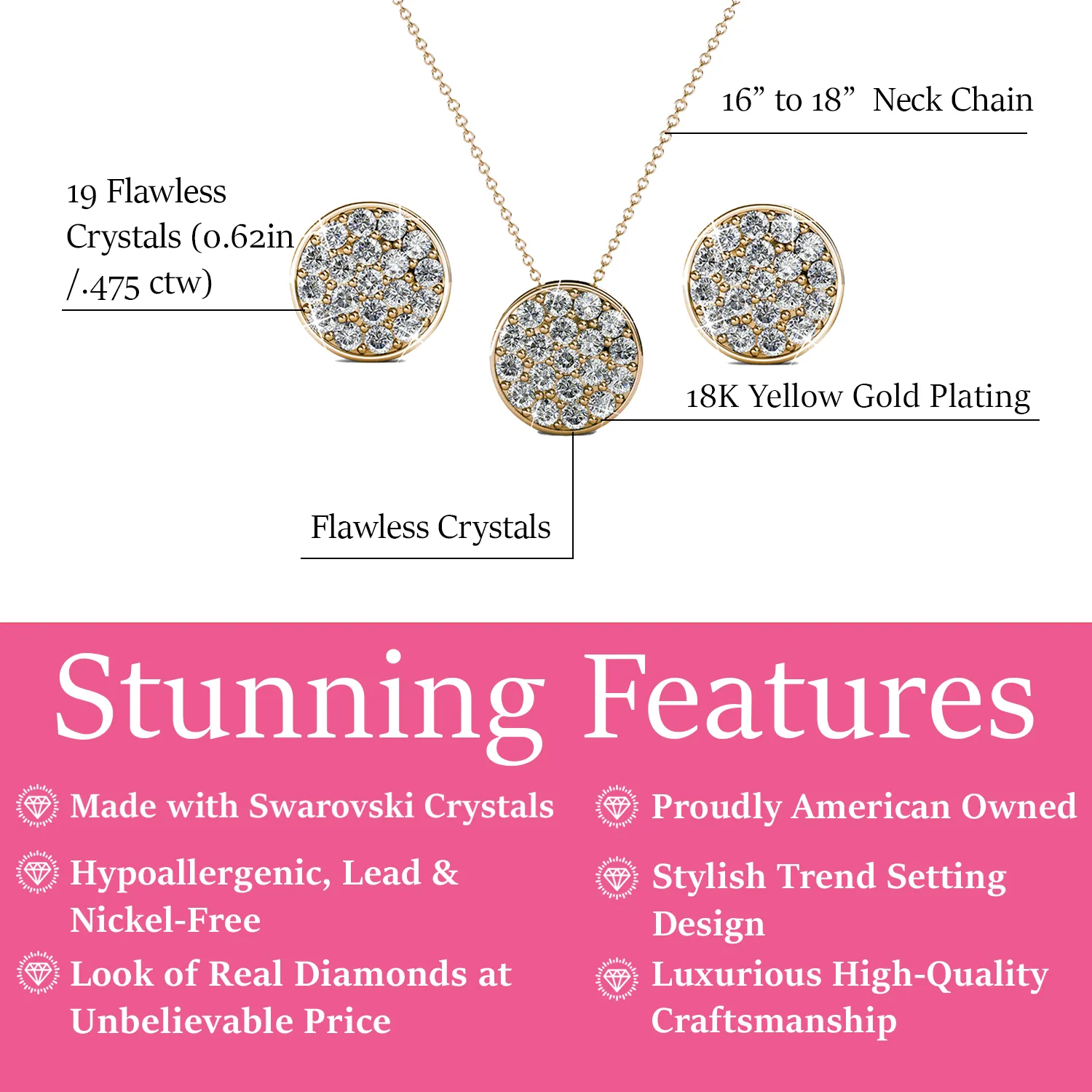 Luxus Swarovski Schmuck Nelly 18 Karat Weißgold Pave Stecker Halskette und Ohrringe Schmuckset mit Swarovski Kristallen