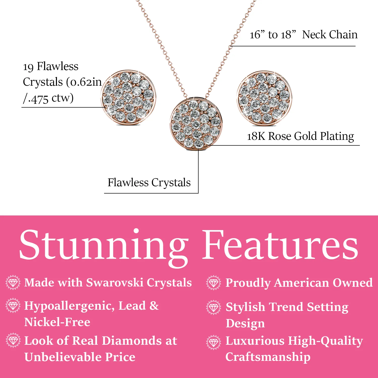 Luxus Swarovski Schmuck Nelly 18 Karat Weißgold Pave Stecker Halskette und Ohrringe Schmuckset mit Swarovski Kristallen