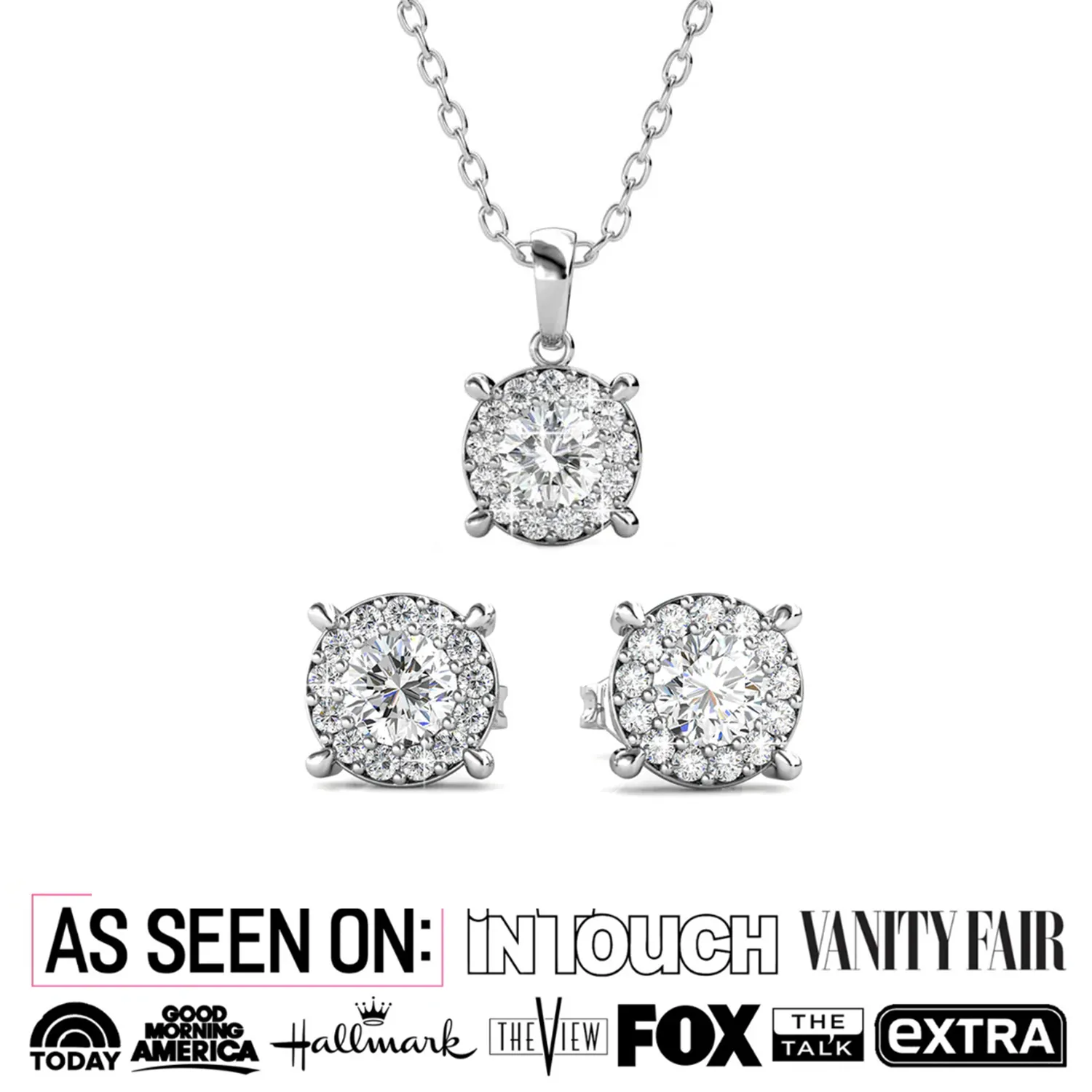 Luxe Swarovski Schmuck Raylee 18k Weißgold Halskette mit Halo und Stecker Ohrringe Set mit Swarovski Kristallen
