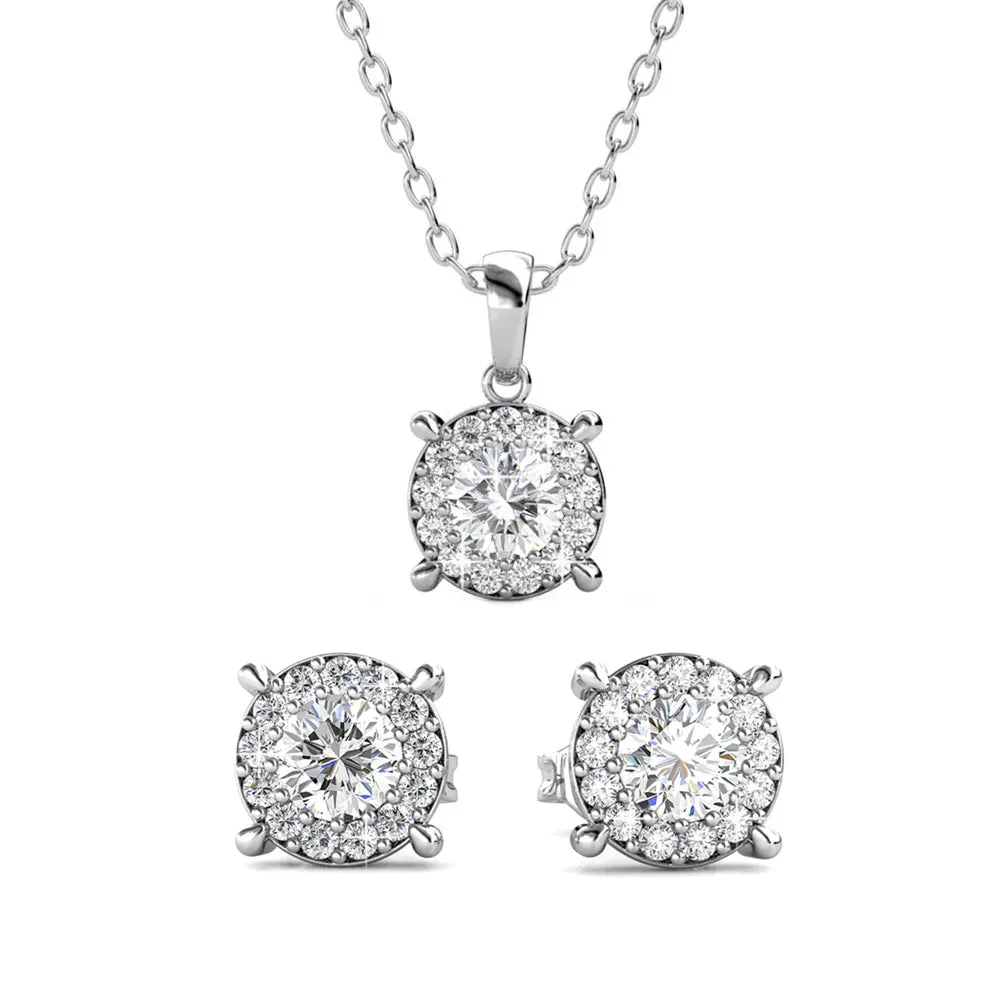 Luxe Swarovski Schmuck Raylee 18k Weißgold Halskette mit Halo und Stecker Ohrringe Set mit Swarovski Kristallen