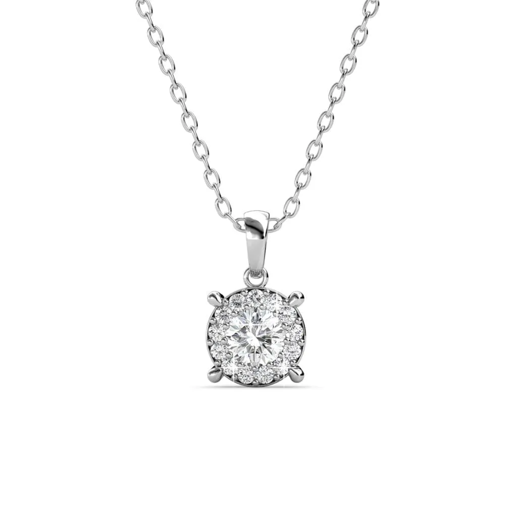Luxe Swarovski Schmuck Raylee 18k Weißgold Halskette mit Halo und Stecker Ohrringe Set mit Swarovski Kristallen