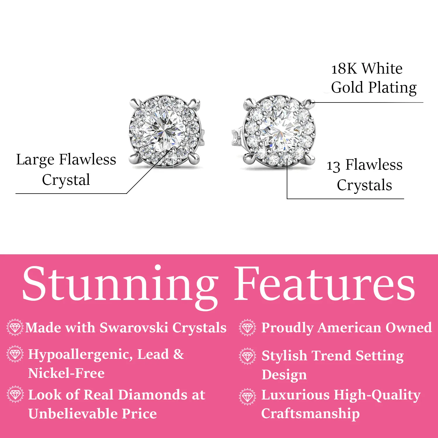 Luxuriöser Swarovski-Schmuck Raylee Stecker mit Halo-Fassung aus 18 Karat Weißgold und Swarovski-Kristallen