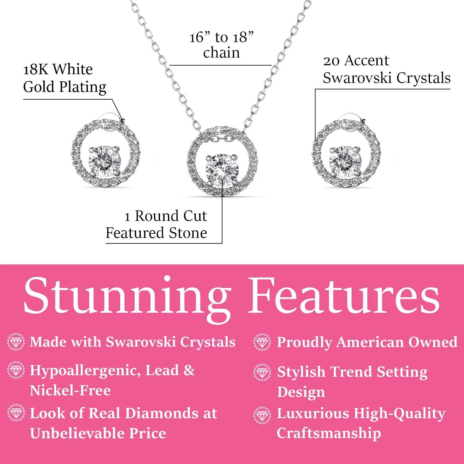 Luxus Swarovski Schmuck Kollektion 18 Karat Weißgold Halskette und Ohrringe Set mit Swarovski Kristallen