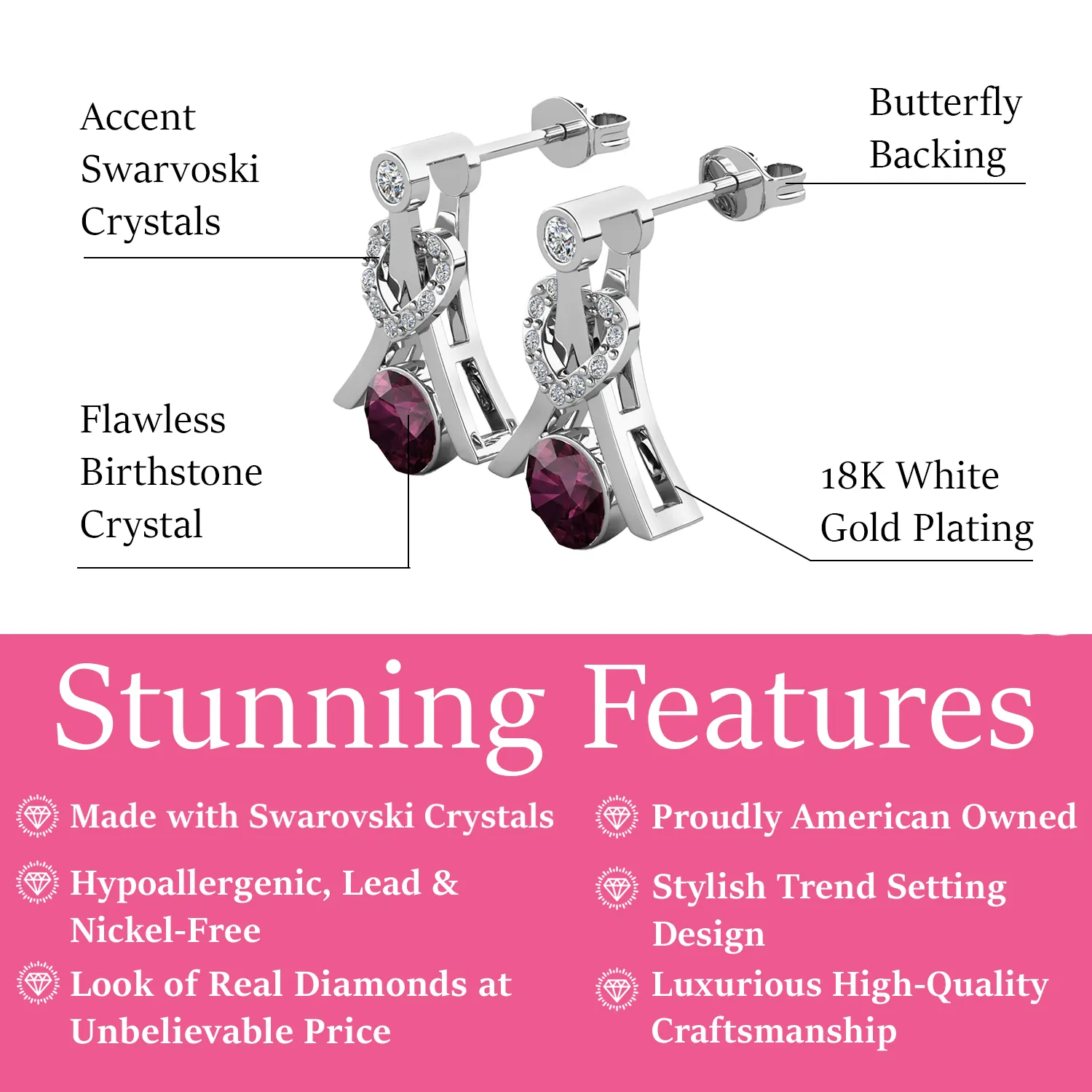 Luxuriöser Swarovski-Schmuck Serenity Ohrstecker mit Amethyst, dem Geburtsstein des Februars, aus versilbertem 18-karätigem Weißgold mit runden Swarovski-Kristallen