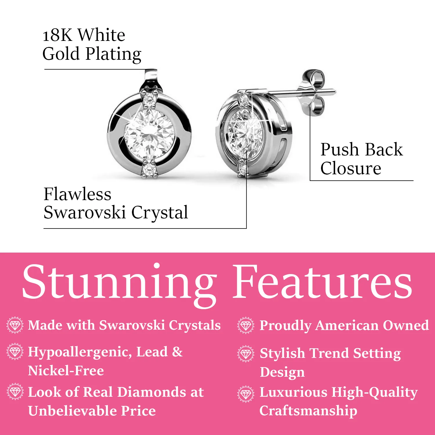 Luxus Swarovski Schmuck Zara 18k Weißgold beschichtete Steckerohrringe mit runden Swarovski Kristallen